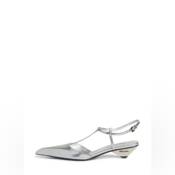 Prada Metallic Grey leather Modellerie Pointed Toe Kitten Heel Pump EU 39.5 - Picture 1 of 12
